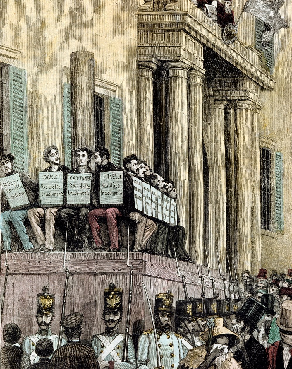 Risorgimento: "" Giovine Italia -liikkeen jäsenet (mukaan lukien Carlo Cattaneo (1801-1869), Tinelli, Danzi, Bussi) istumassa Milanon oikeuspalatsin edessä ja kuuntelemassa tuomiota, joka tuomitsi heidät maanpakoon vuonna 1848"" 1884 Mantegin litografia tekijältä Giacomo Mantegazza