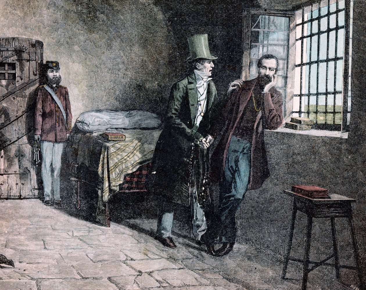 Risorgimento: "" Savonaan vuonna 1830 vangittu italialainen patriootti Giuseppe Mazzini (1805-1872) tapaa isänsä, joka pakottaa hänet lähtemään Sardinian osavaltioista"" Giacomo Mantegazzan (1853-1920) kaiverrus 1884 Yksityinen kokoelma tekijältä Giacomo Mantegazza
