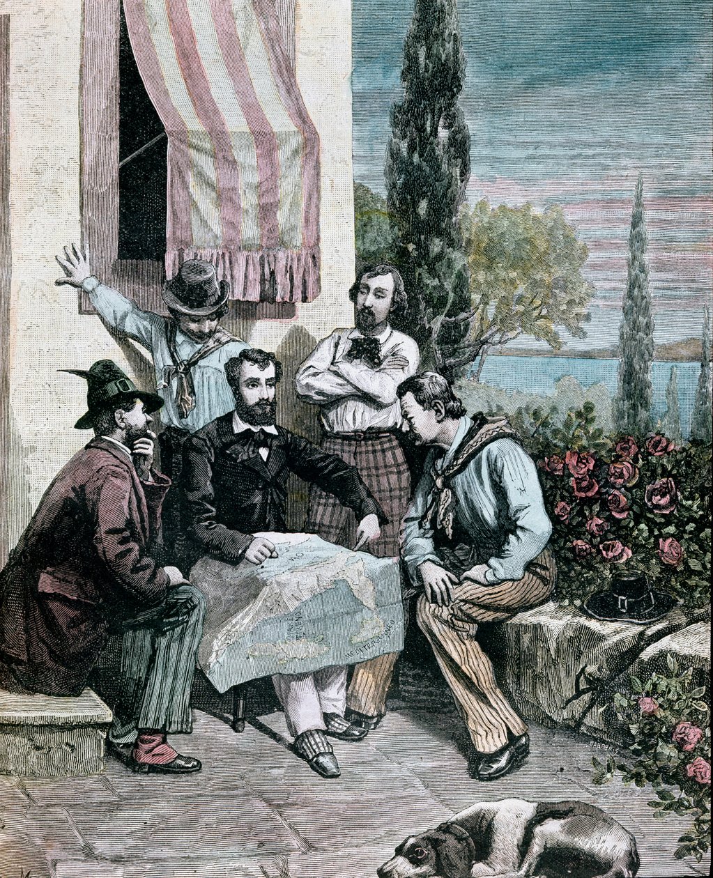 Risorgimento: Pakolaiset Korfulla (Korfu), joiden veljet Attilio Bandiera (1810-1844) ja Emilio Bandiera (1819-1844) tutkivat italialaista karttaa tehdäkseen tutkimusmatkan. Mantegazzan yksityiskokoelman kaiverrus 1884 tekijältä Giacomo Mantegazza