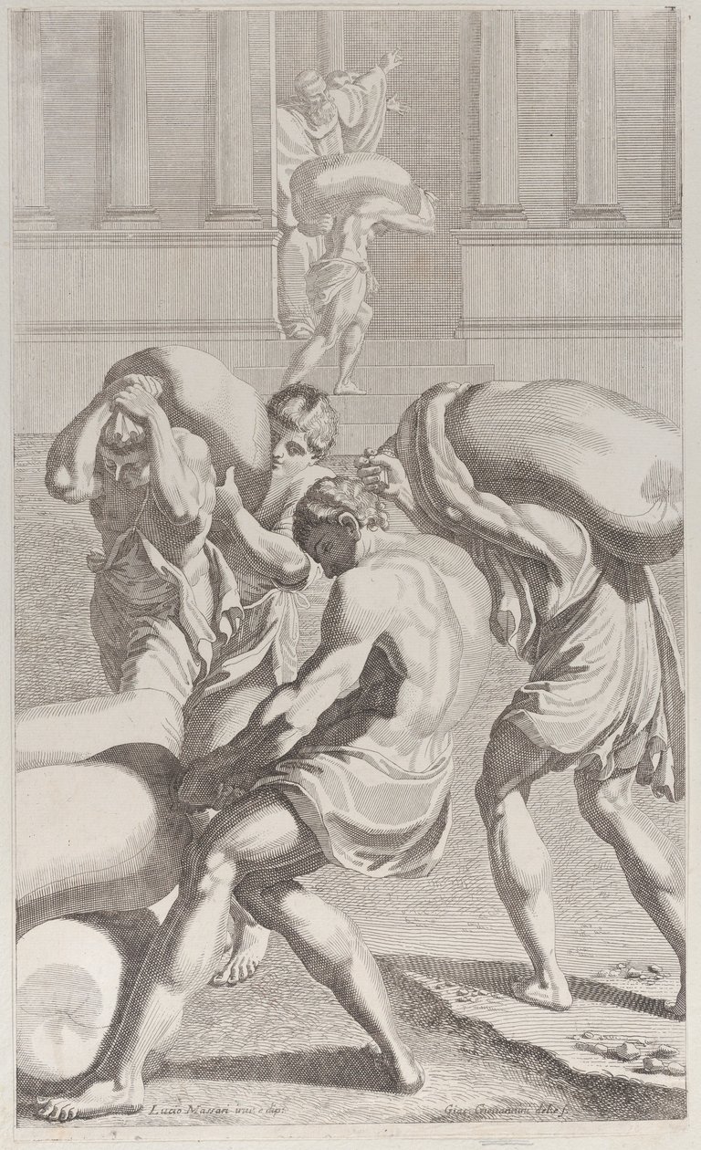 Miehet tuomassa lyijysäkkejä Pyhän Benedictuksen luostariin, 1687-1717. tekijältä Giacomo Maria Giovannini