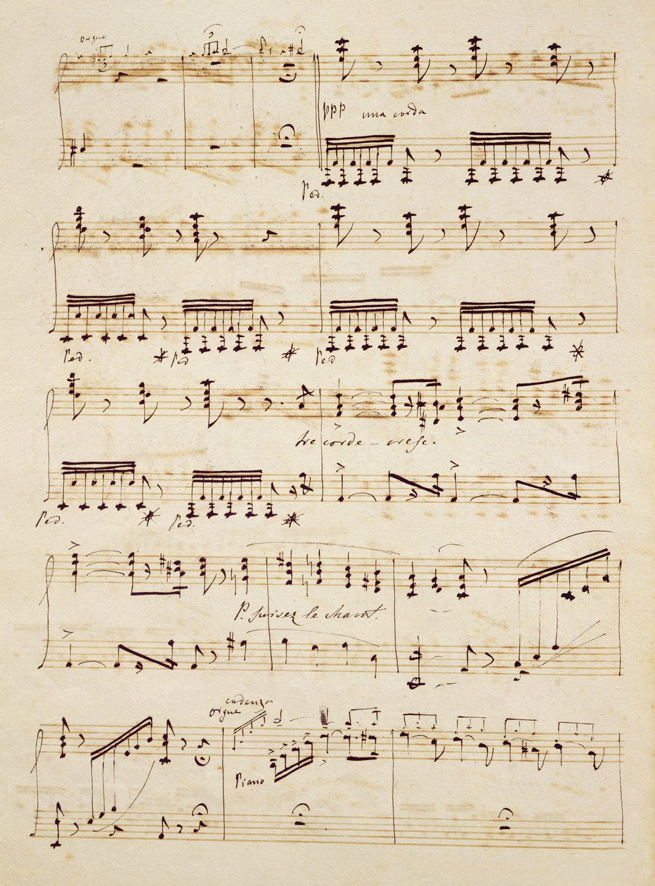 Käsikirjoitussivu "Les Huguenots" -elokuvan partituurista. tekijältä Giacomo Meyerbeer