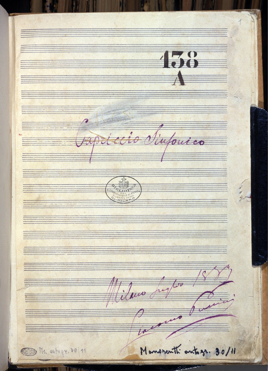 Käsikirjoitus säveltäjä Giacomo Puccinin (1858-1924) kappaleeseen "" Symphonic Caprice "" "(Symphonic Caprice") 1883. Giuseppe Verdin konservatorion kirjasto, Milano tekijältä Giacomo Puccini