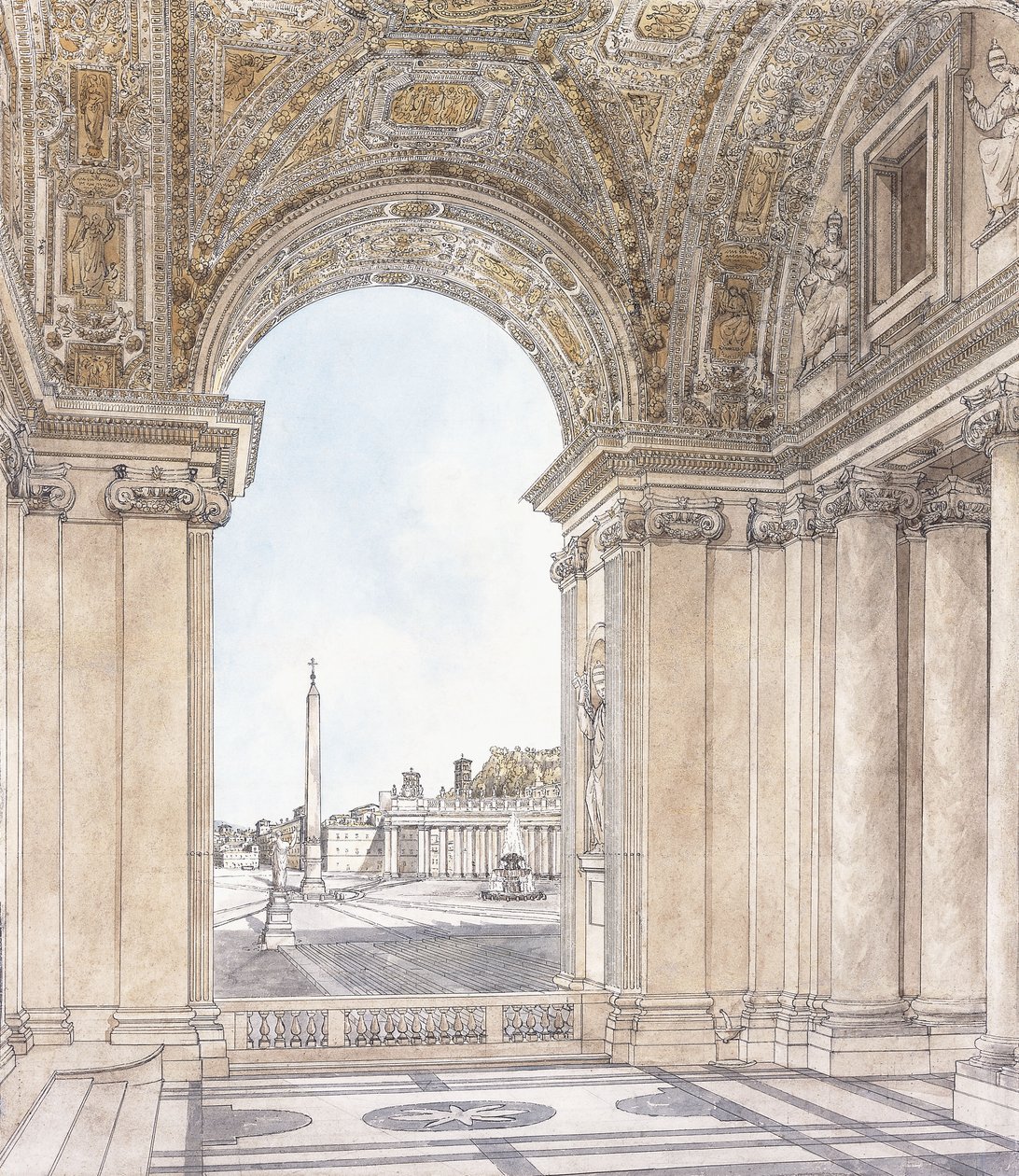 Näkymä Piazza San Pietrolle, Roomalle katsoen etelään basilikan portiosta, ennen vuotta 1779 tekijältä Giacomo Quarenghi