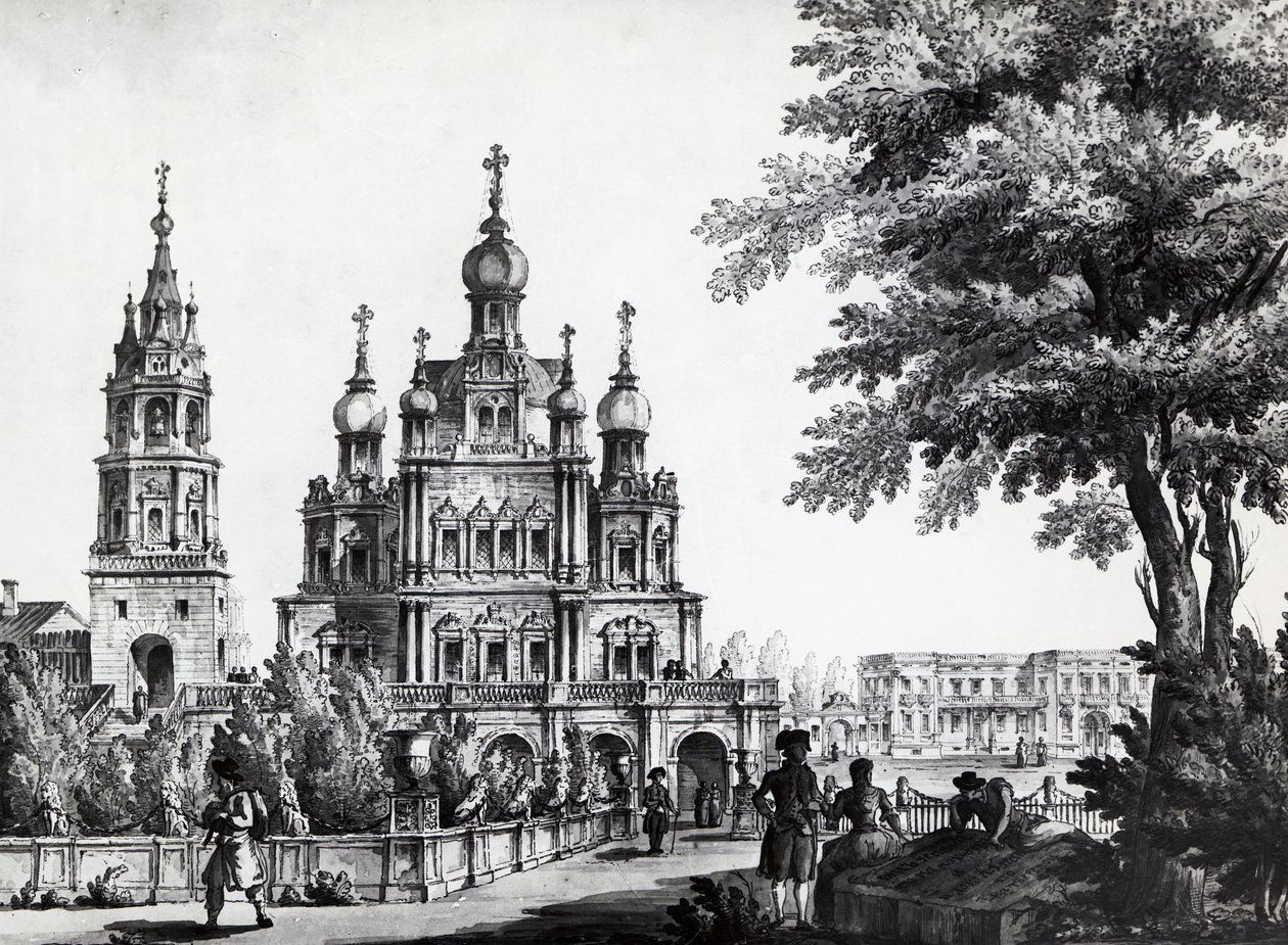 Neitsyt taivaaseenastumisen kirkko ja Gagarinin palatsi Moskovassa, piirustus Giacomo Quarenghi Domenico (1744-1817), print, Venäjä tekijältä Giacomo Quarenghi