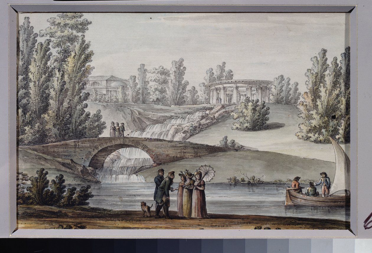 Apollon temppeli ja vesiputous Pavlovsk Parkissa (Pietari). Giacomo Antonio Domenico Quarenghin (1744-1817) työ, tussi ja akvarelli paperille, noin 1800. Italialaista taidetta tekijältä Giacomo Quarenghi