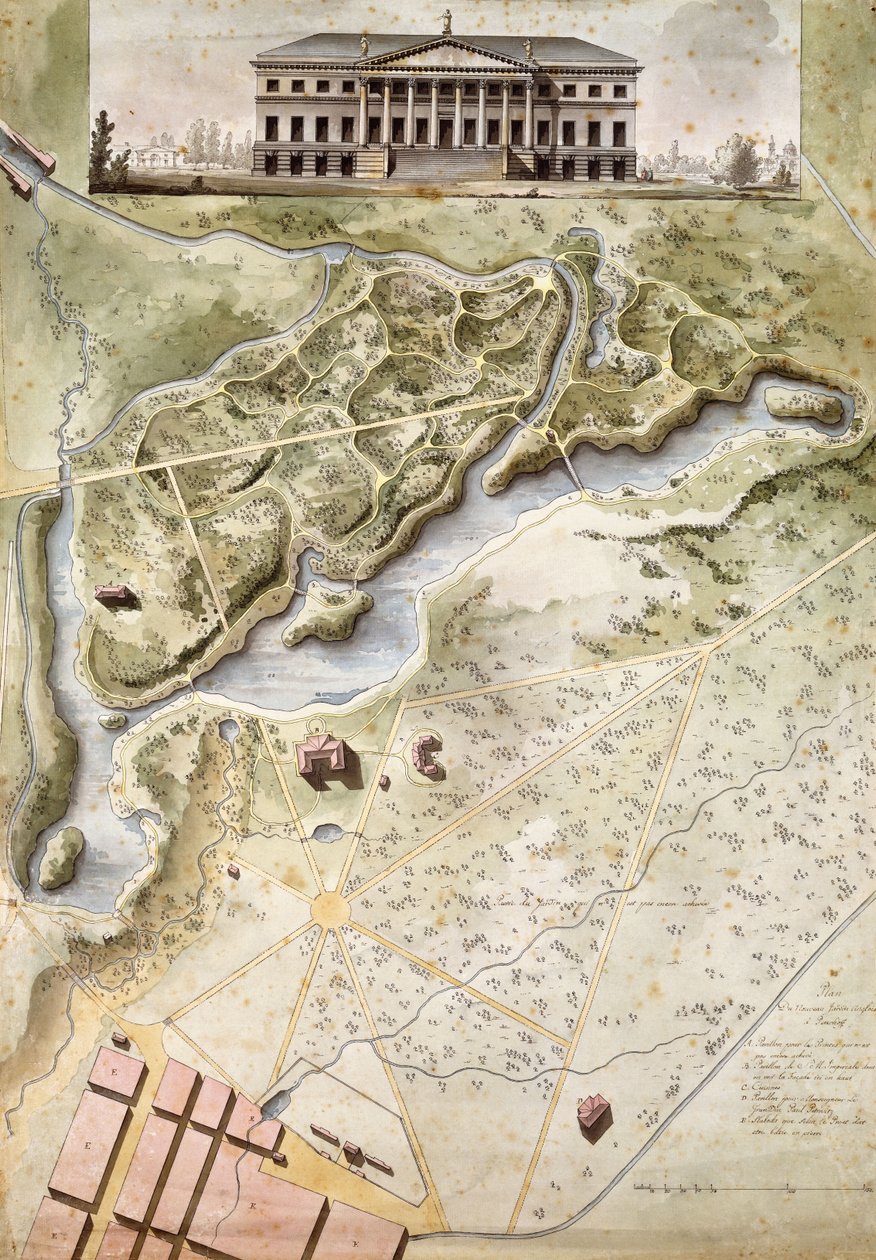 Peterhof, Venäjä: Englannin palatsin korkeus ja puistosuunnitelma, tekijältä Giacomo Quarenghi