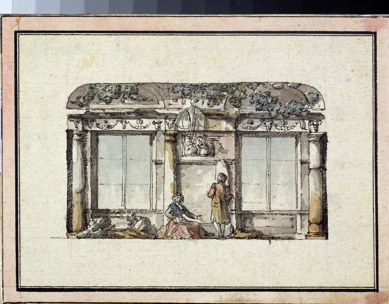 Projekti kahden ikkunan huoneen sisustamiseen. Giacomo Antonio Domenico Quarenghin (1744-1817) työ, tussi ja akvarelli paperille. Italialaista taidetta, klassismia. Valtion A. Pushkinin kuvataidemuseo, Moskova. tekijältä Giacomo Quarenghi