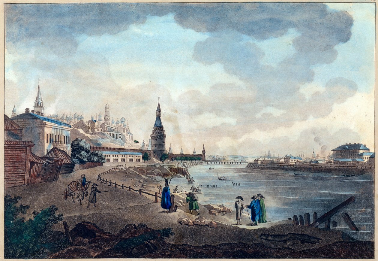 Näkymä Moskovan Kremliin Moskovan (Moskva tai Moskwa) ylittävältä kivisillalta. Giacomo Antonio Domenico Quarenghin (1744-1817) teos, akvarelli ja muste paperille, noin 1790. Italialaista taidetta tekijältä Giacomo Quarenghi