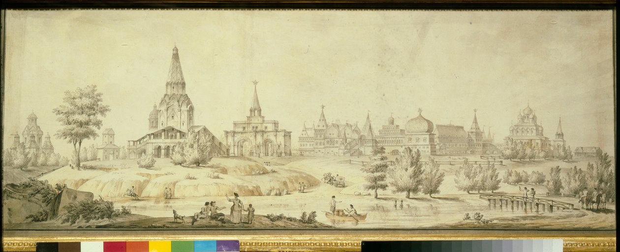 Näkymä Moskovan Kolomenskoje-alueelle, vasemmalla taivaaseenastumisen kirkko - Giacomo Antonio Domenico Quarenghin (1744-1817) teos tekijältä Giacomo Quarenghi