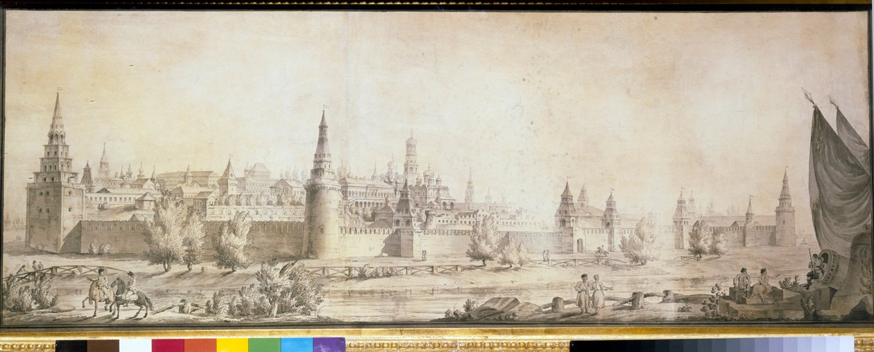 Panoraamanäkymä Moskovan Kremliin 1700-luvun lopulla - Giacomo Antonio Domenico Quarenghin (1744-1817) työ, 1790-luvun loppu - Panoraamanäkymä Moskovan Kremliin 1700-luvun lopussa - Kynä, sivellin, ruskea väri , musta liitu, vesi c tekijältä Giacomo Quarenghi