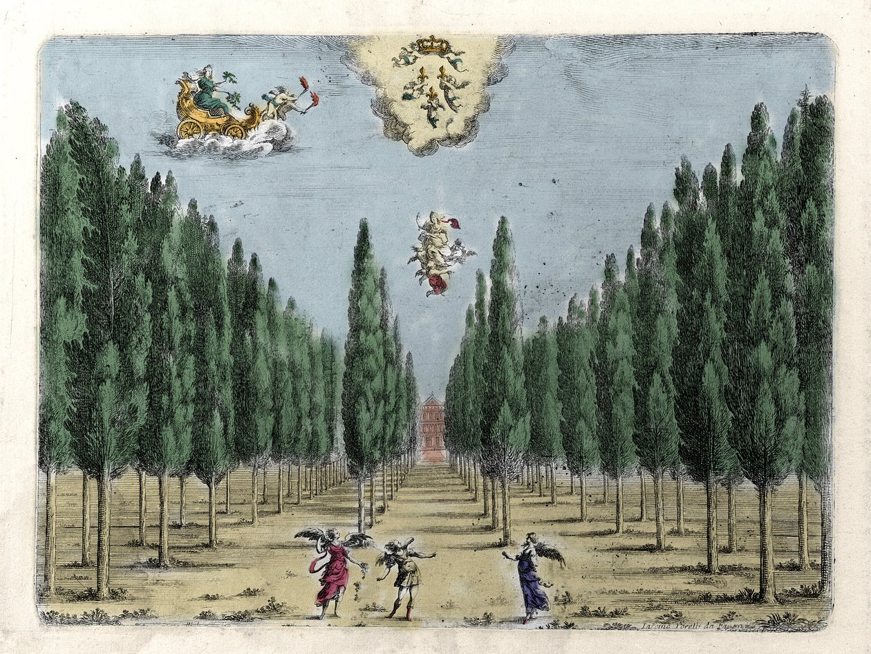 Kuvitus oopperalle 5 näytöksessä "La finta pazza" "(La Folle supposee), kirjoittanut Francesco Sacrati. Kaiverrus Jacopo Torelli tekijältä Giacomo Torelli