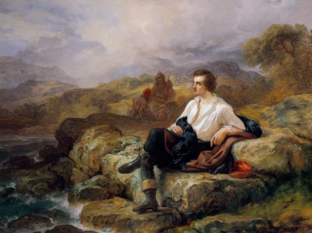 Lord Byron (1788-1824) Helleenienmeren rannalla, kirjoittanut Giacomo Trecourt (1812-1882), öljy kankaalle tekijältä Giacomo Trecourt