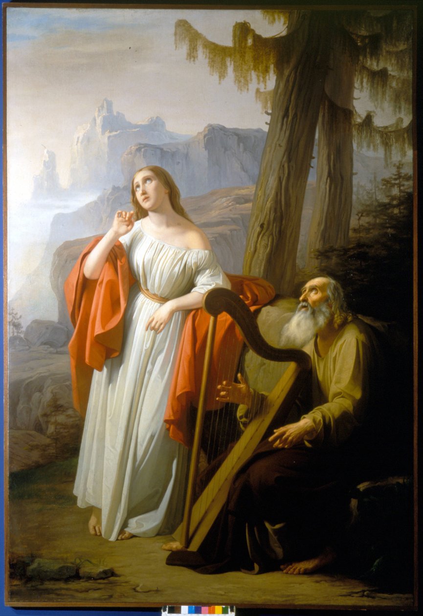 Ossian laulaa Malvinalle Carthoonin saavutuksia. Giacomo Trecourtin maalaus tekijältä Giacomo Trecourt
