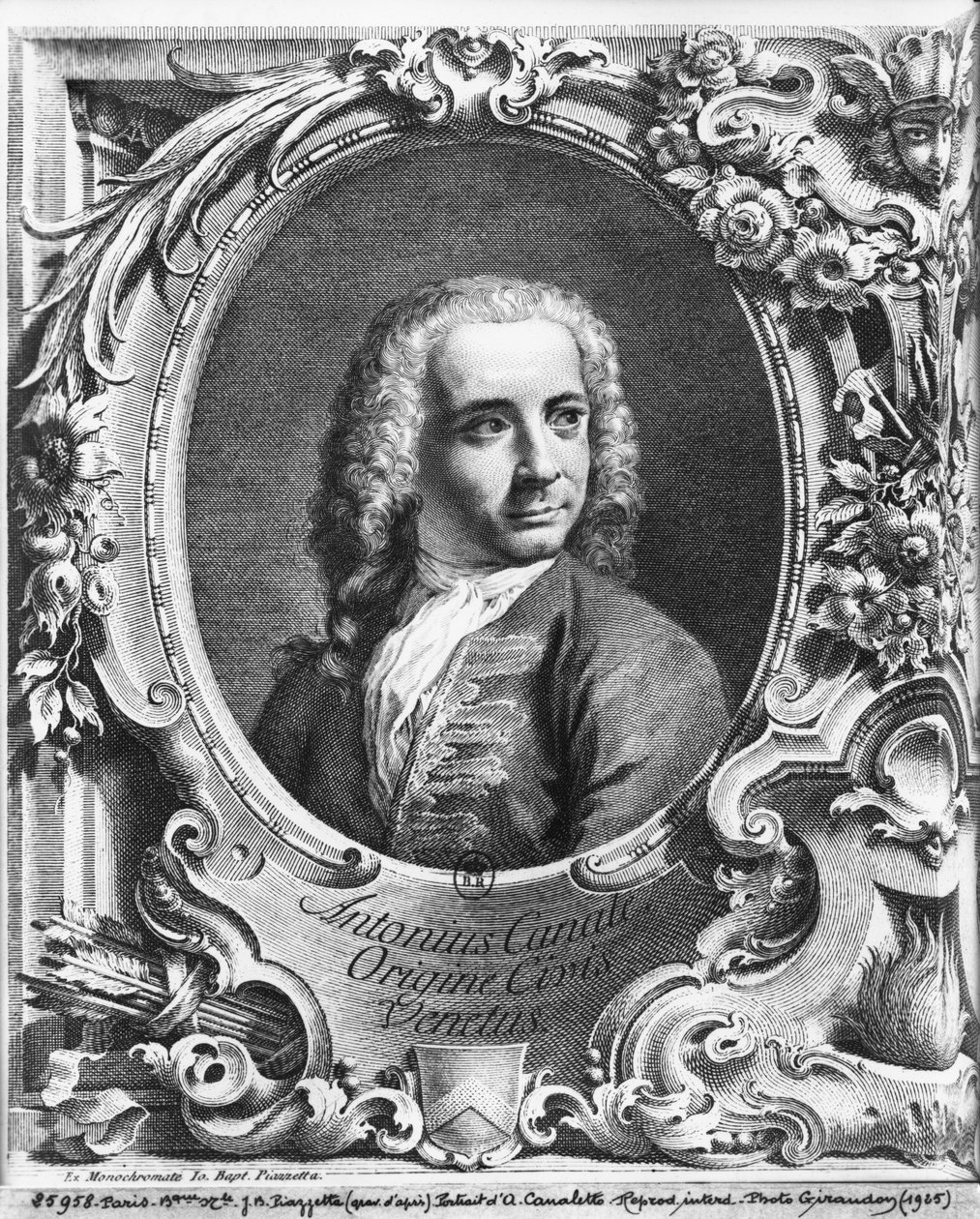 Antonio Canaletton muotokuva, otsikkosivukuvitus Prospectus Magni Canalis Venetiarumista, ennen vuotta 1735 tekijältä Giambattista Piazzetta