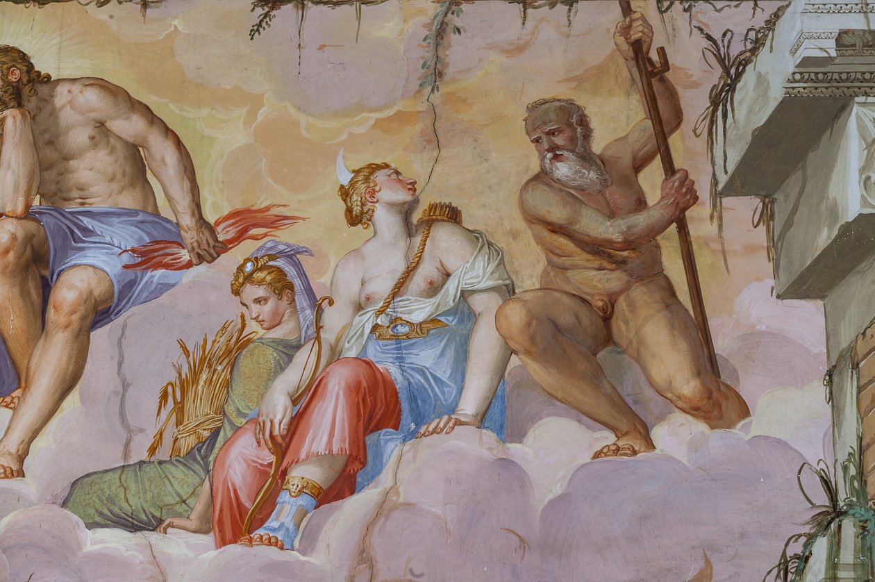 Ceres (sadonkorjuun jumalatar, jolla on korvakimppu) ja Diana (metsästyksen jumalatar jousella), yksityiskohta Olympuksen huoneesta, n. 1557 (fresko) tekijältä Giambattista Zelotti