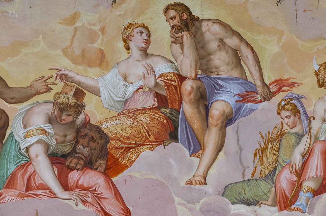 Juno, Jupiter, Cybele pilvien päällä, arkkitehtonisten raunioiden yläpuolella, yksityiskohta Olympuksen huoneesta, n. 1557 (fresko) tekijältä Giambattista Zelotti