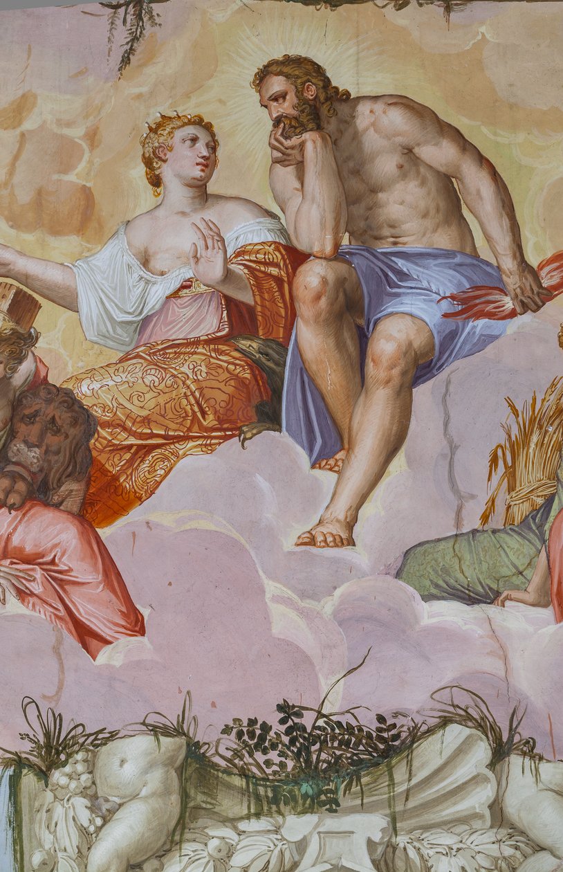 Juno ja Jupiter makaamassa pilvien päällä, arkkitehtonisten raunioiden yläpuolella, yksityiskohta Olympuksen huoneesta, n. 1557 (fresko) tekijältä Giambattista Zelotti