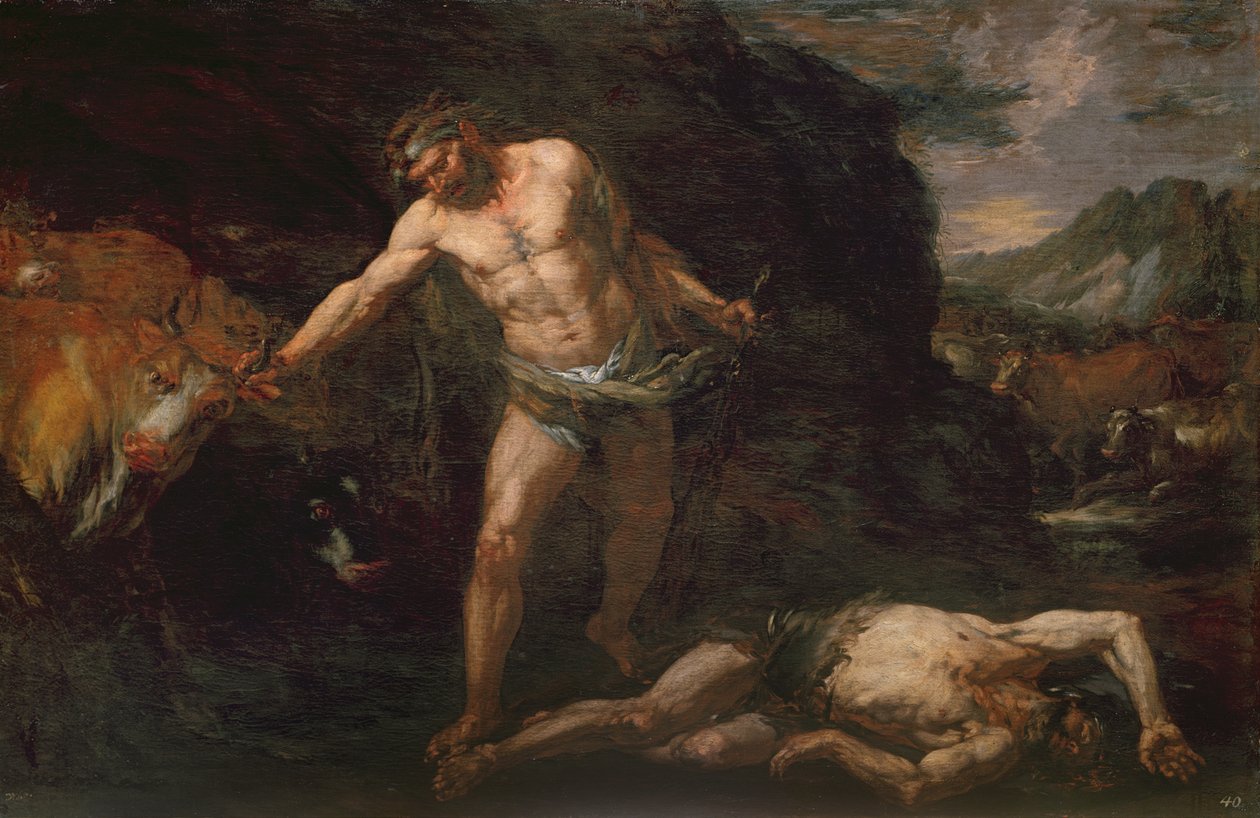 Hercules tappaa jättiläisen Kakuksen ja varastaa Geryonin karjan takaisin. tekijältä Giambattista Langetti