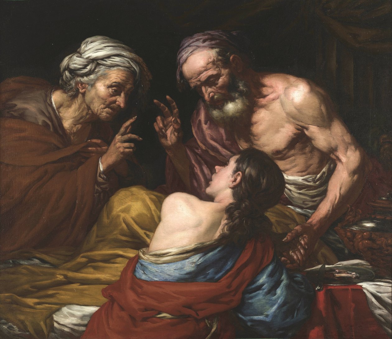 Isaac benit Jacob - Isaac siunaa Jacobia, kirjoittanut Langetti, Giovan Battista (1635-1676). Öljy kankaalle, 1660-1670. Mitat : 109x126 cm. Muzeul National Brukenthal, Sibiu tekijältä Giambattista Langetti