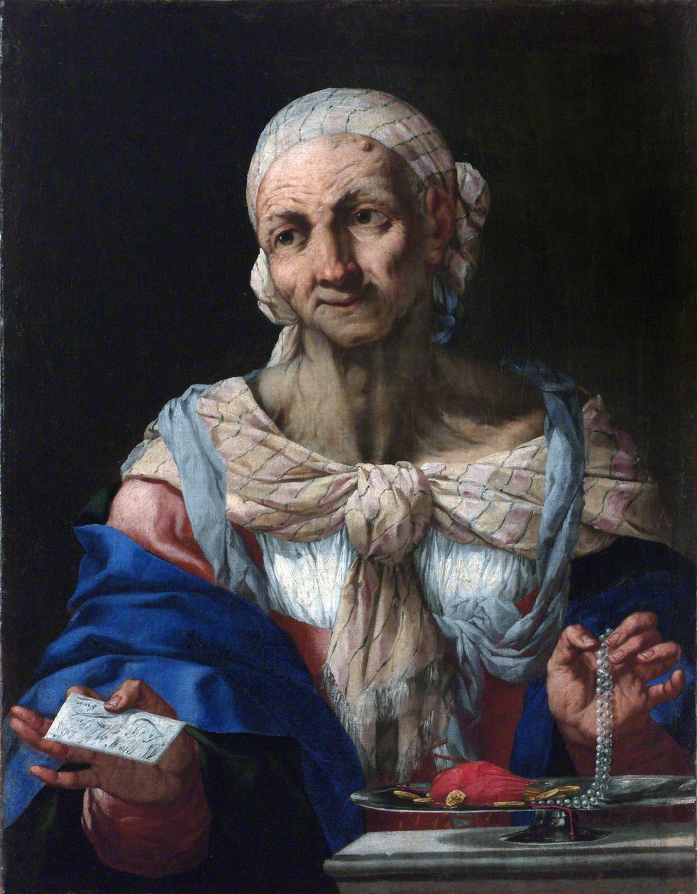 Vanha nainen helmikaulakorulla ja -kirjaimella (Vanitas) - Vanha nainen helmikaulakorulla ja -kirjeellä (Vanitas) - Giovan Battista Langetti (1635-1676). Öljy kankaalle, n. 1663. Kansallisgalleria, Praha tekijältä Giambattista Langetti