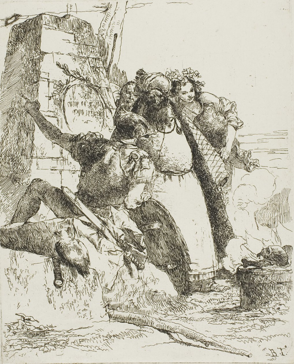 Taikuri, sotilas ja kolme hahmoa katselemassa palavaa pääkalloa, Scherzistä tekijältä Giambattista Tiepolo