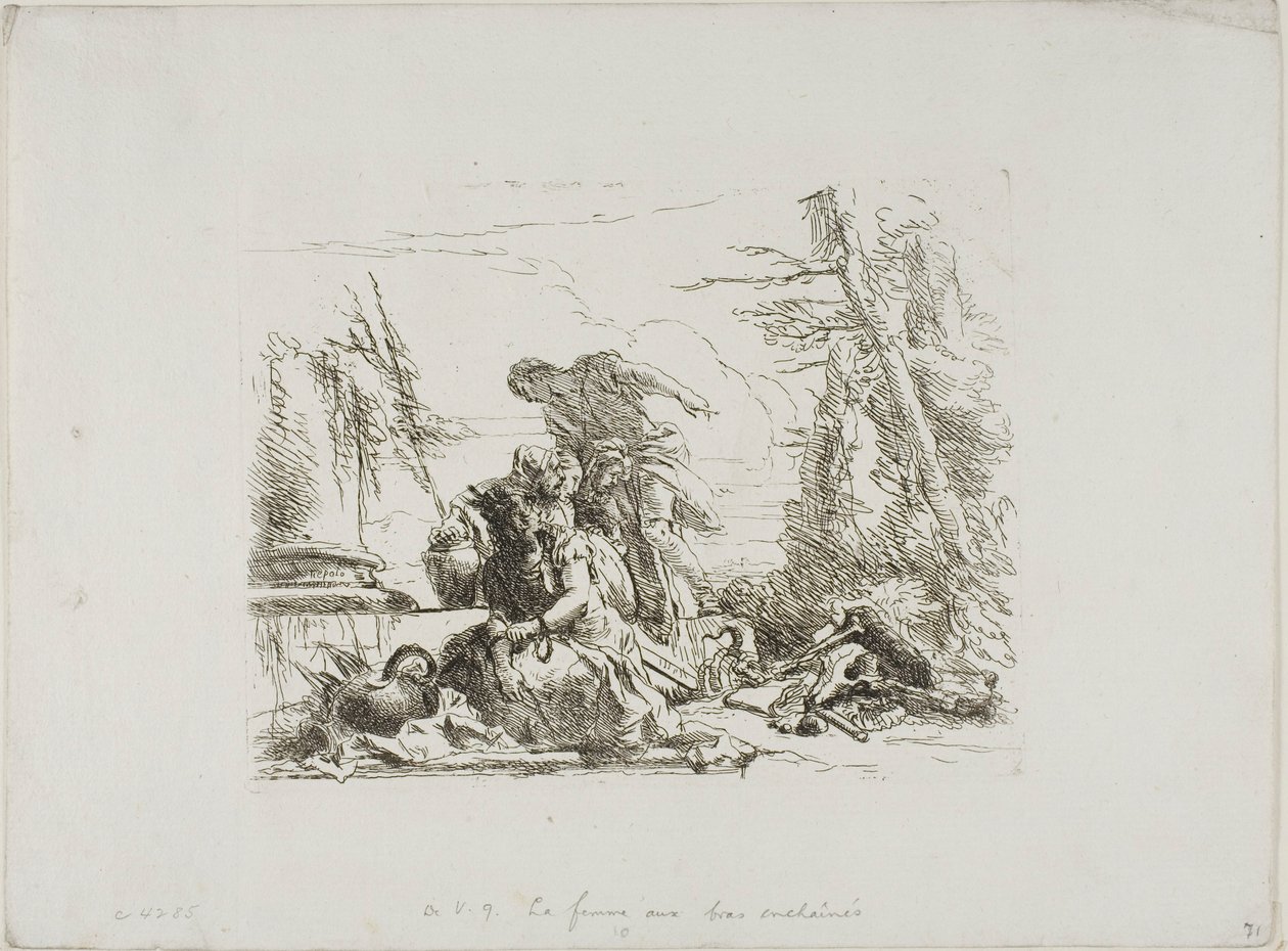 Nainen kädet ketjuissa ja neljä muuta hahmoa, Capricci tekijältä Giambattista Tiepolo