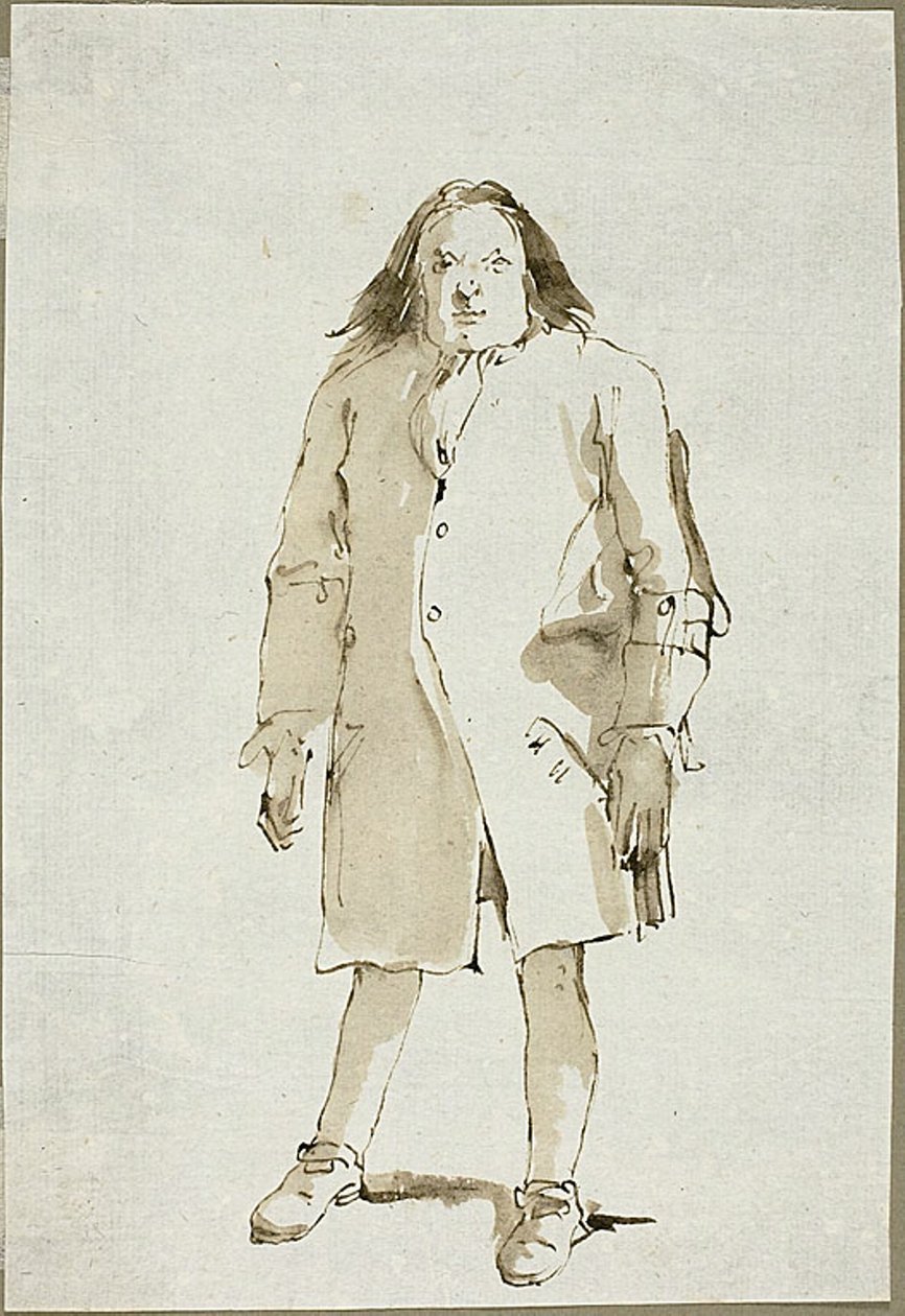 Karikatyyri miehestä, täyspitkä, kasvot edessä tekijältä Giambattista Tiepolo