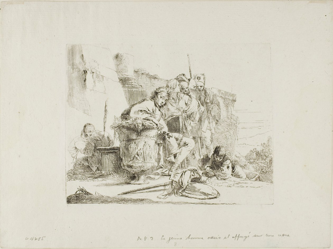 Istuva nuoriso nojaa uurnia vasten, Capricci tekijältä Giambattista Tiepolo