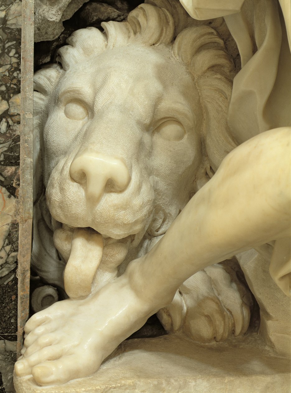 Leijona nuolee Danielin marmoriyksityiskohtaa vuodelta 186919 tekijältä Gian Lorenzo Bernini