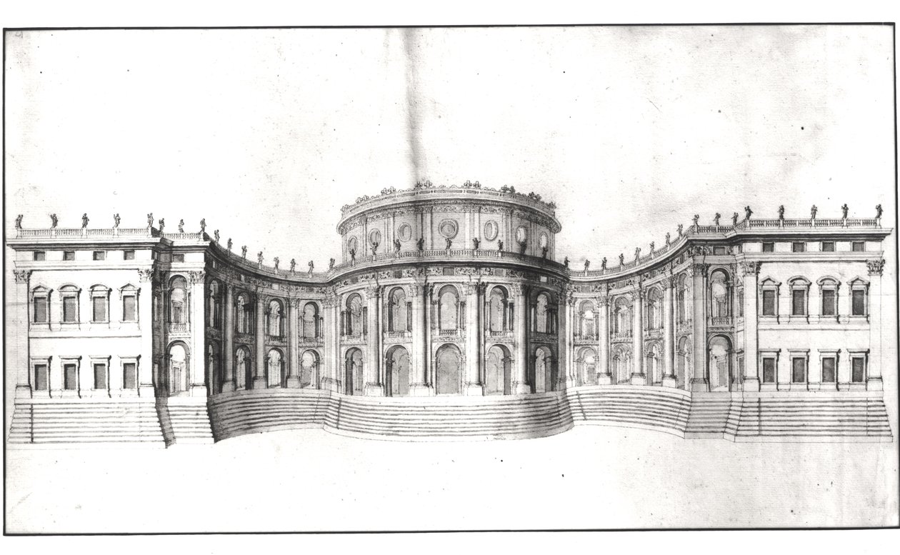 Ensimmäinen Louvren projekti, itäisen julkisivun korotus, "Recueil du Louvre", osa I fol. 4, 1664 (kynä ja muste ja pese paperille) (katso 164014) tekijältä Gian Lorenzo Bernini