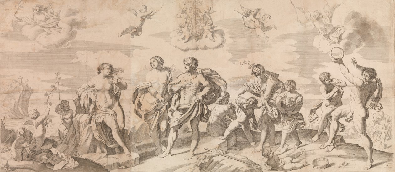 Bacchus kumppaneineen löytämässä Ariadnen Naxoksen saarelta Renin jälkeen, 165..., 1650-80. tekijältä Gian Battista Bolognini