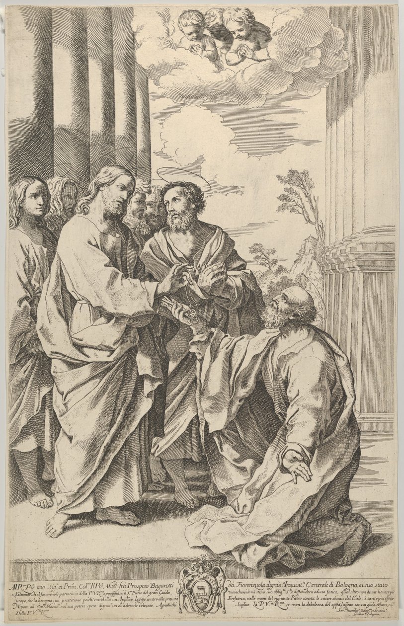 Kristus antaa kirkon avaimet Pyhälle Pietarille, joka polvistuu hänen edessään, Guidon jälkeen..., 1640-70. tekijältä Gian Battista Bolognini