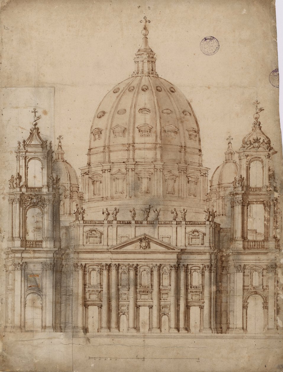 Vaihtoehtoinen ehdotus Pyhän Pietarin basilikan julkisivulle Vatikaanissa par Bernini, Gianlorenzo (1598-1680). Kynä, sivellin, vesiväri, intialainen muste paperille tekijältä Gian Lorenzo Bernini