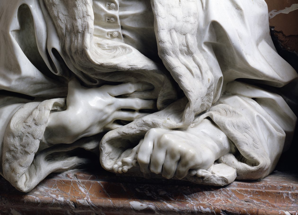 Gabrielle Fonsecan rintakuva paavi Innocentus X:n lääkärin rintakuva, jossa kädet tarttuvat kaapuun, Fonsecan kappelin marmorista, yksityiskohta 96874 tekijältä Gian Lorenzo Bernini