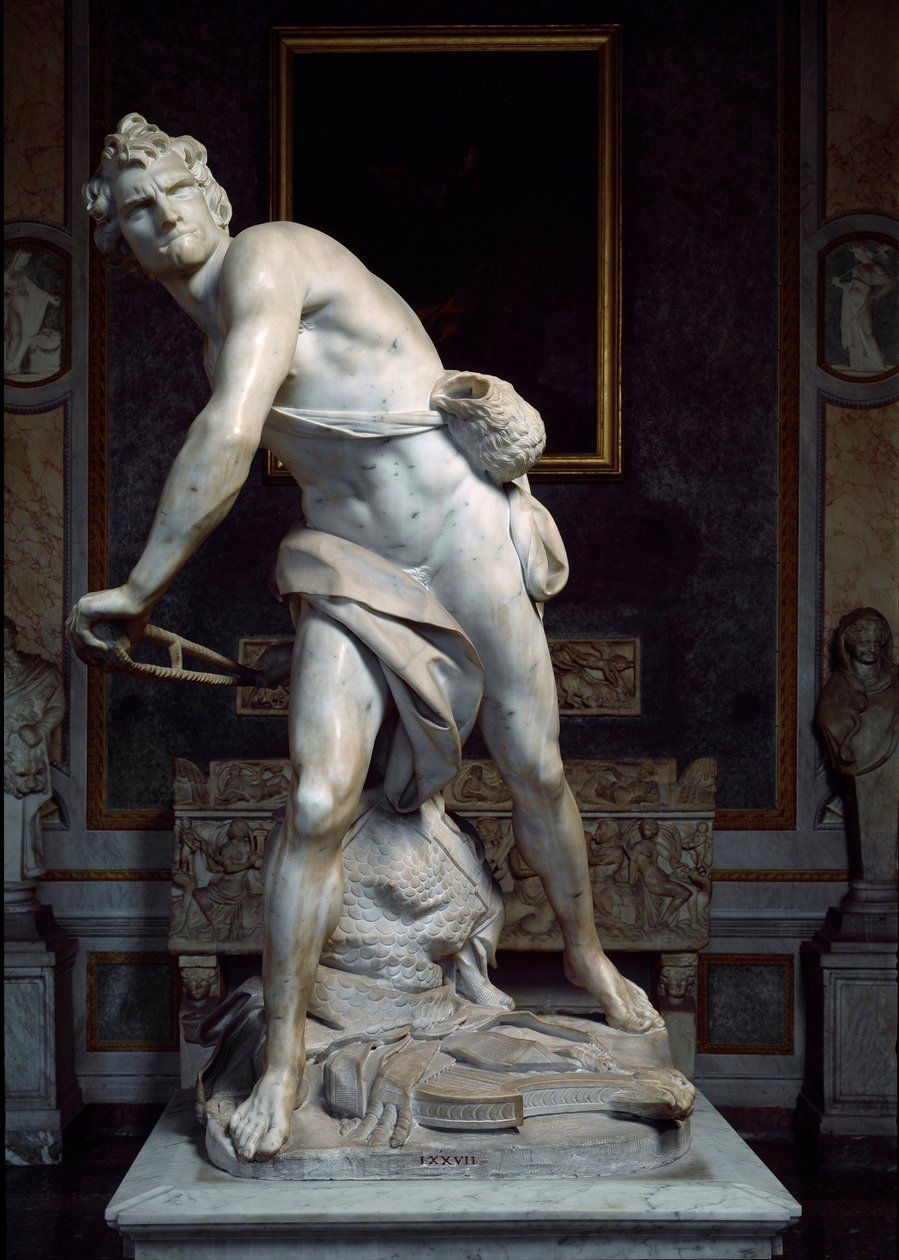 Daavid heittää lingon kiveä Gian Lorenzo Berninin dit Le Berninin (1598-1680) tekemän barokkiveistoksen tekijältä Gian Lorenzo Bernini