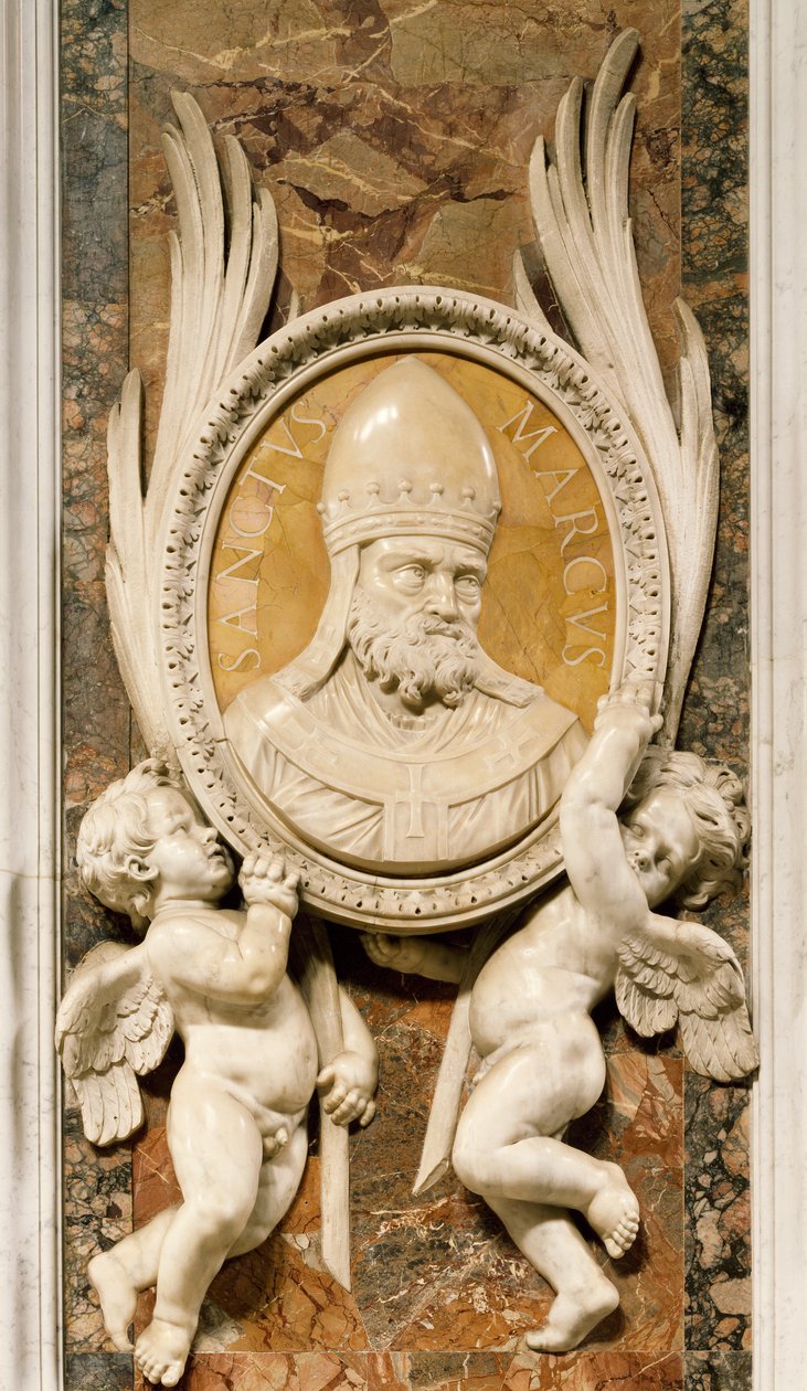 San Marco, Gian Lorenzo Berninin (1598-1680) reliefi, yksityiskohta marmorikuviosta pääkäytävän pilareissa, Pietarinkirkko, Rooma, Vatikaani tekijältä Gian Lorenzo Bernini