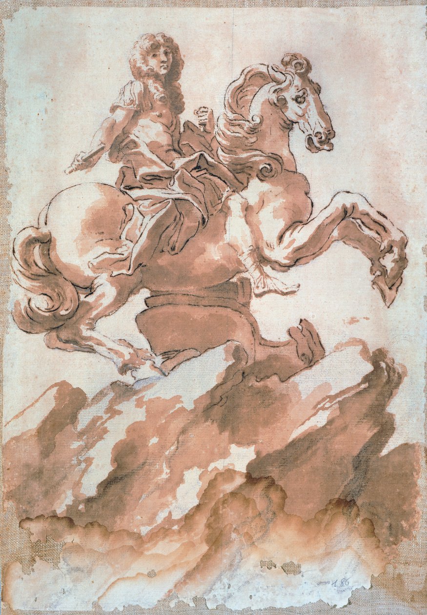 Gian Lorenzo Berninin (1598-1680) luonnos Ludvig XIV:lle hevosen selässä, piirustus kynällä ja musteella tekijältä Gian Lorenzo Bernini