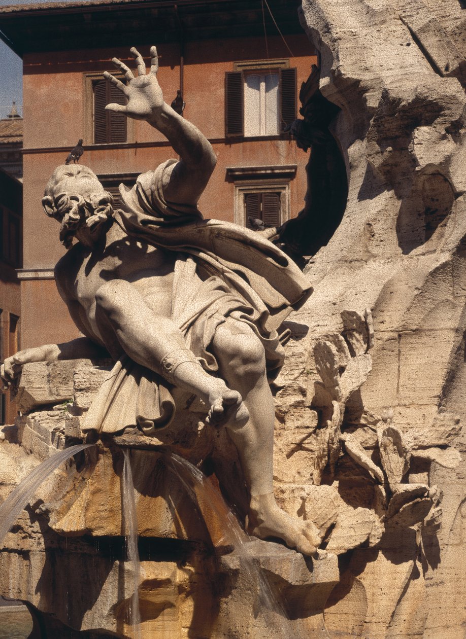 Neljän joen suihkulähde, yksityiskohta Plate-jokea esittävästä hahmosta, 1648-51, kivi yksityiskohta kuvasta 96887. tekijältä Gian Lorenzo Bernini