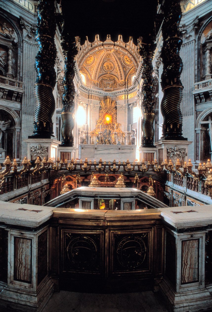 Näkymä Gian Lorenzo Berninin (Bernini) suunnitteleman mestarialttarin katokselle, Pietarinkirkolle (Basilica San Pietro) Roomassa. Italia tekijältä Gian Lorenzo Bernini