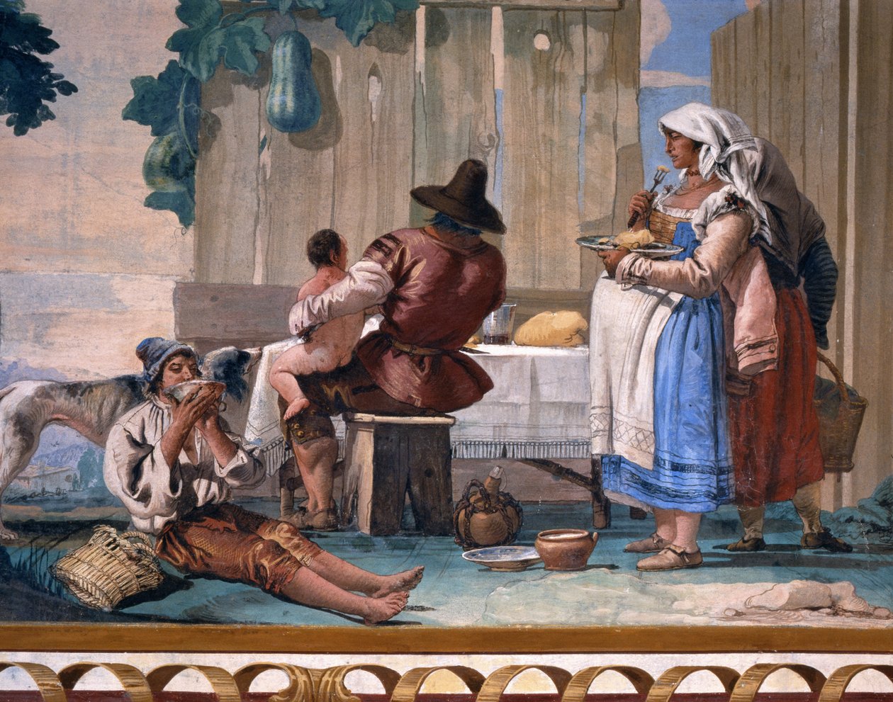Talonpojat syömässä ulkona, Foresteria (vierastalo) 1757 tekijältä Giovanni Domenico Tiepolo