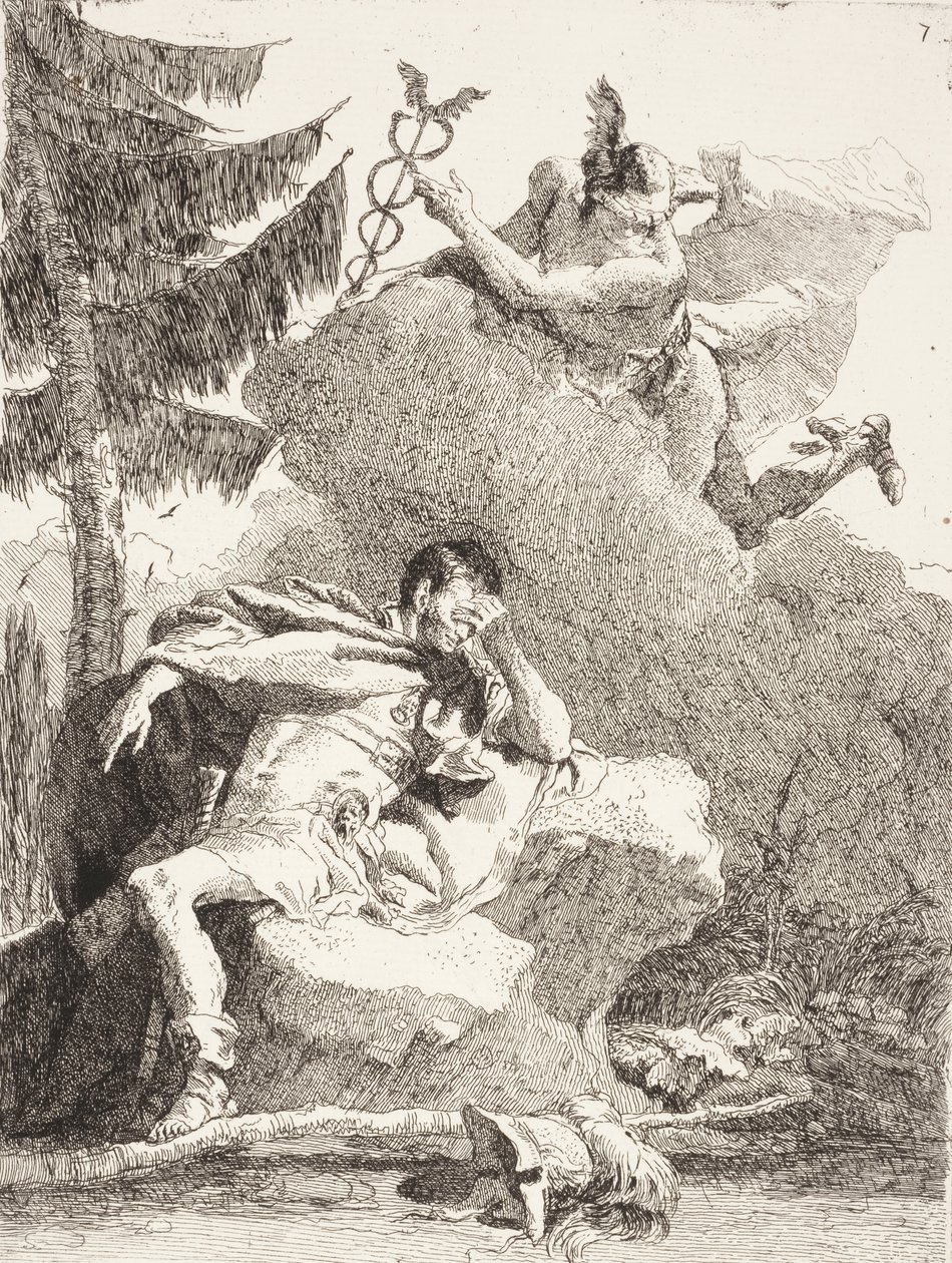 Merkurius ilmestyy Æneasille unessa, n. 1770 tekijältä Giovanni Domenico Tiepolo