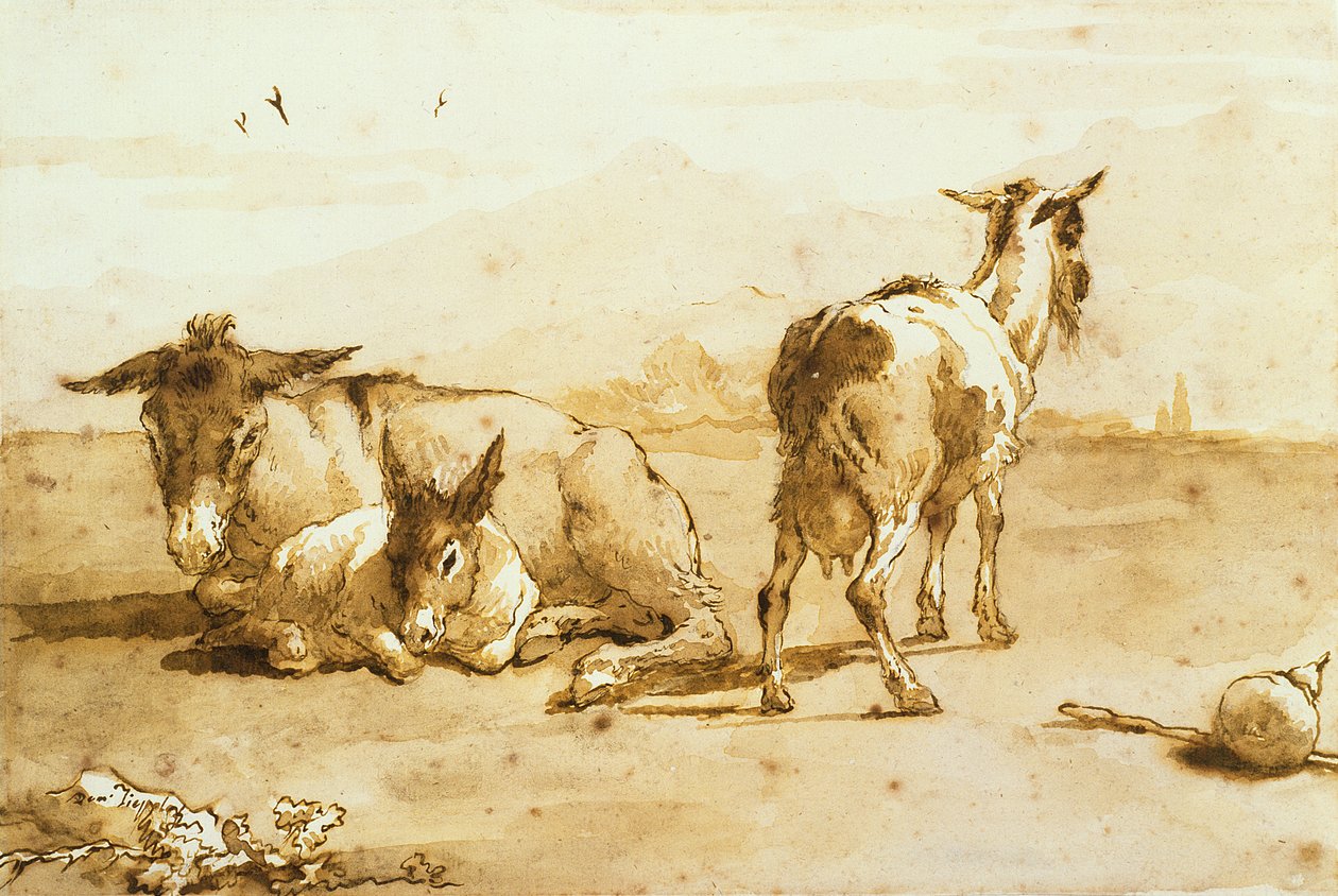 PD.32-1959 Kaksi aasia ja vuohi maisemassa (kynä ja ruskea muste, pesu paperille) tekijältä Giovanni Domenico Tiepolo