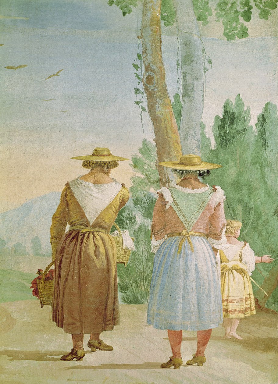 Kaksi talonpojan naista ja lapsi takaa nähtynä, Foresteriasta (vierastalo) 1757 tekijältä Giovanni Domenico Tiepolo