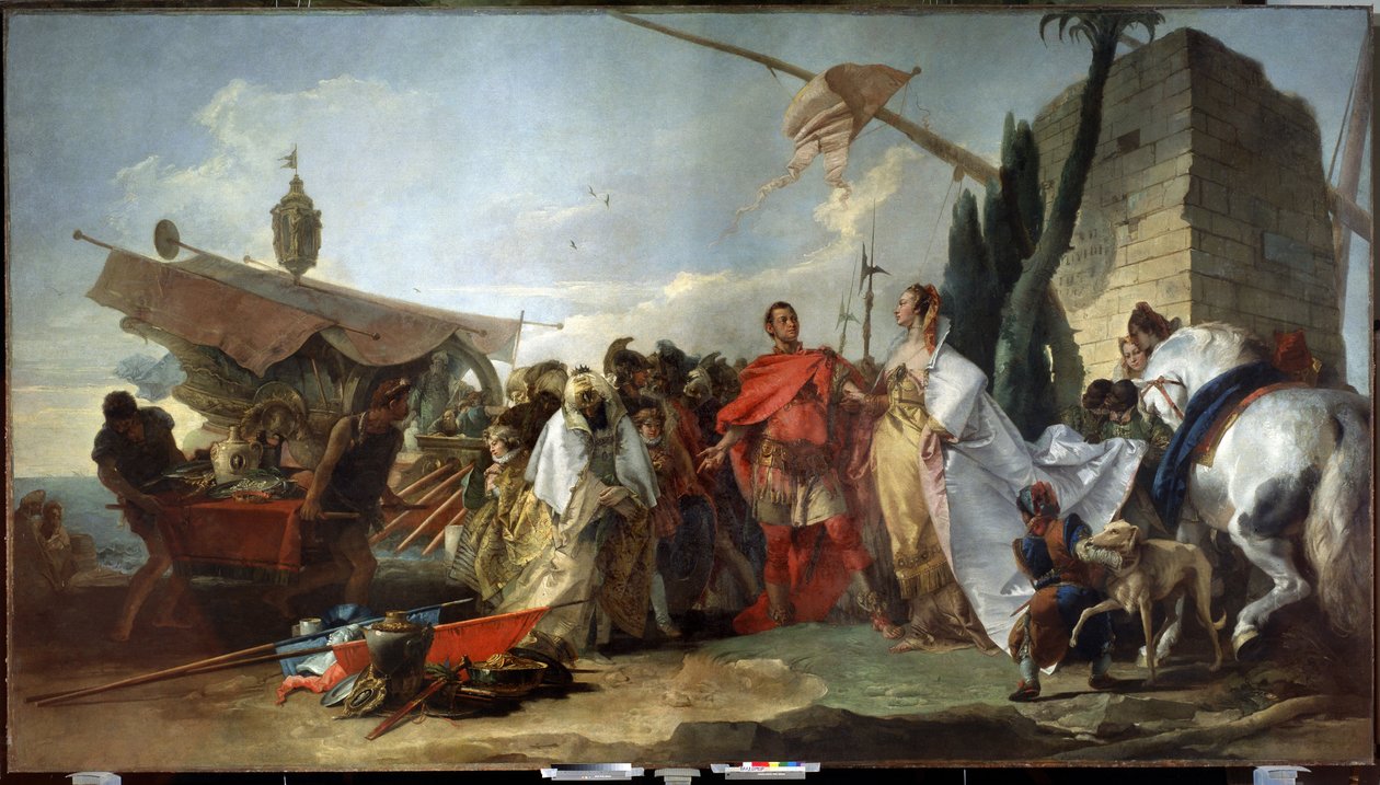 Jules Cesar tapaa Kleopatraa (Caesar tapaa Kleopatraa). Giandomenico Tiepolon (1727-1804) maalaus. Öljy kankaalle, 337 x 608 cm tekijältä Giandomenico  Tiepolo