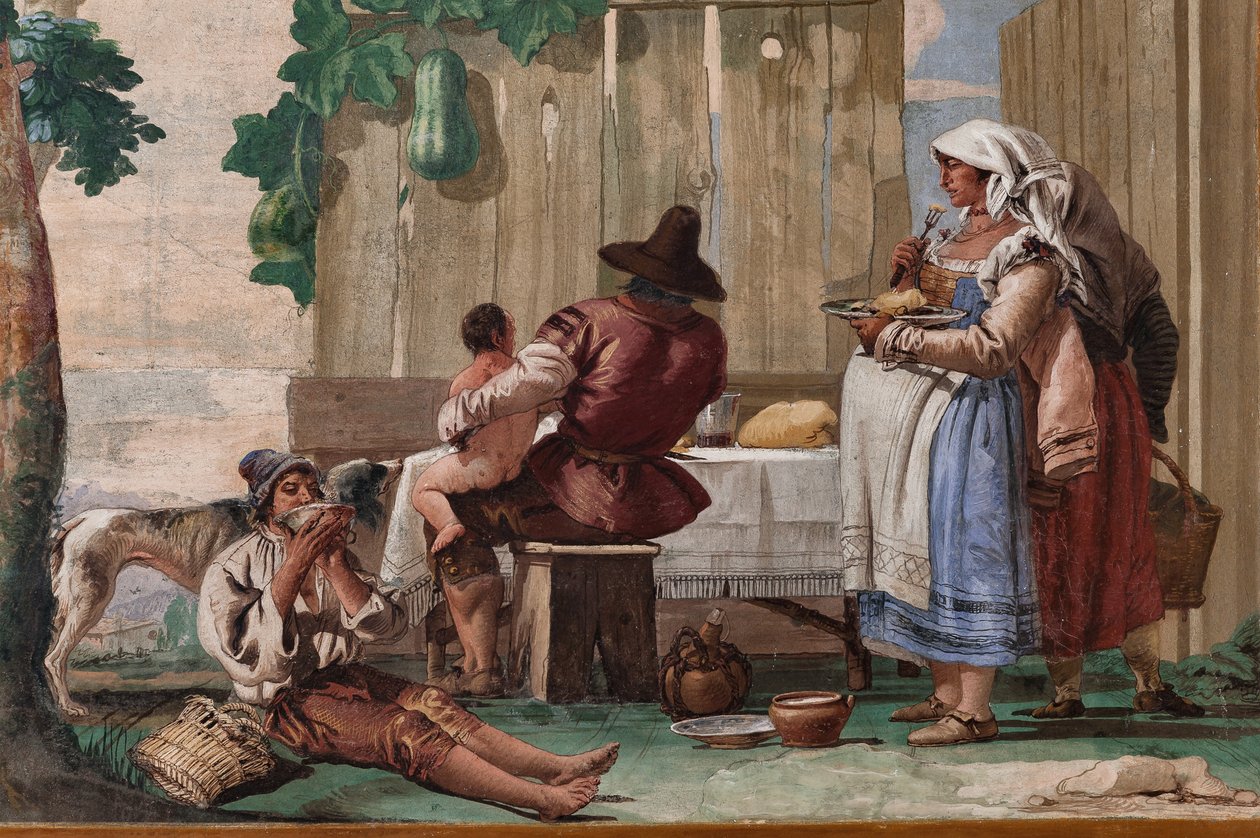 Talonpoikaperhe pöydän ääressä, maalaismaisten kohtausten huoneesta, Foresteriassa (vierastalo) 1757 (fresko) tekijältä Giandomenico  Tiepolo
