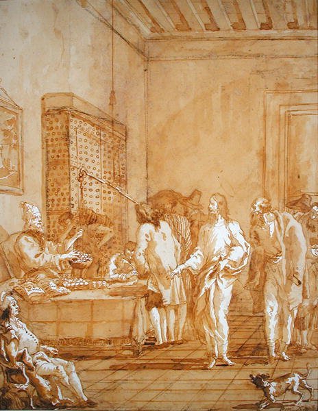 Pyhän Matteuksen kutsumus (kynän ja musteen pesu mustan liidun päällä) tekijältä Giandomenico  Tiepolo