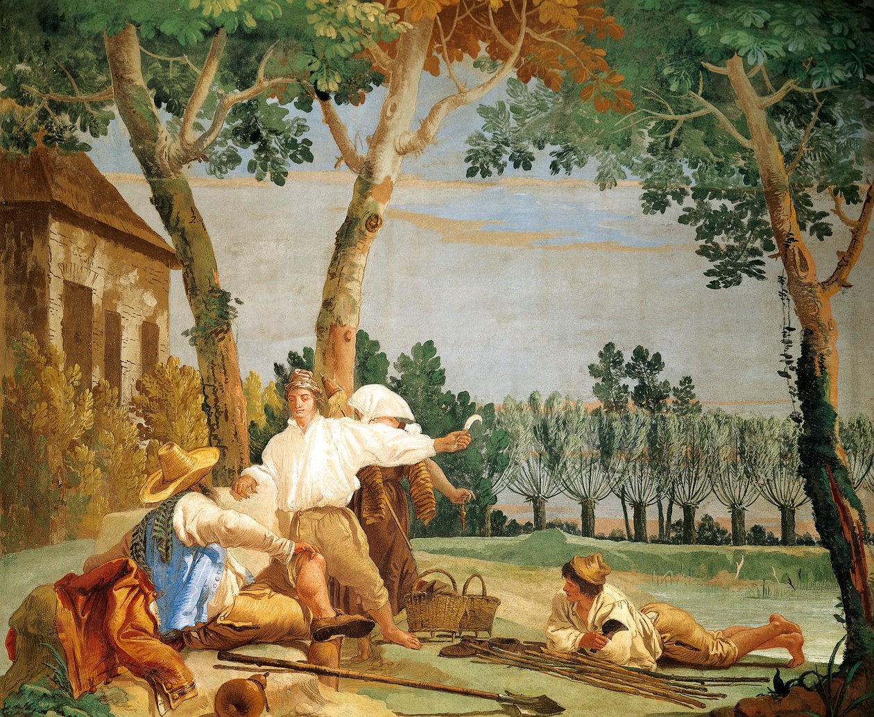 Talonpojat levossa, kirjoittanut Giandomenico Tiepolo (1727-1804), fresko, maalaismaisten kohtausten huone Foresteriassa (Guesthouse), Villa Valmarana 