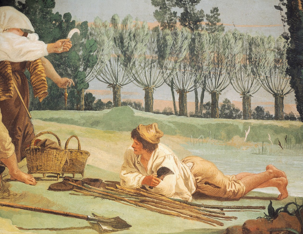Talonpojat lepäämässä, kirjoittanut Giandomenico Tiepolo (1727-1804), fresko, yksityiskohta, Villa Valmarana ai Nani, Vicenza tekijältä Giandomenico (1727 1804) Tiepolo