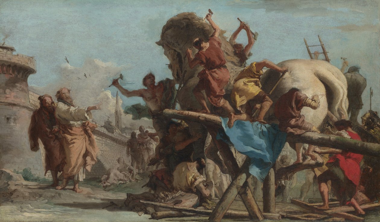 Troijan hevosen rakennus, n. 1760 (öljy kankaalle) tekijältä Giandomenico (1727 1804) Tiepolo