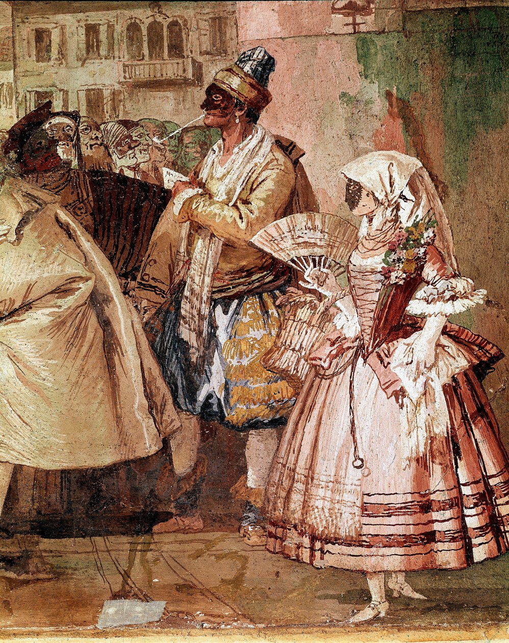 Venetsialaiset naamiot Yksityiskohta Giandomenico Tiepolon (1727-1804) freskosta 1700-luvun Vicenza, Villa Valmarana tekijältä Giandomenico  Tiepolo